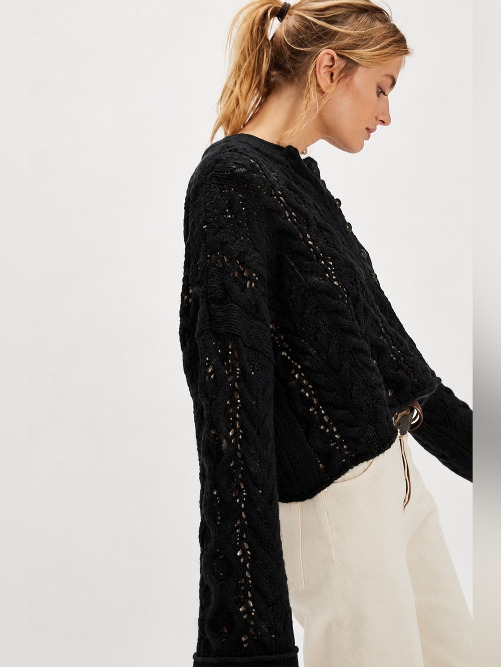 NWT FREE PEOPLE Polly Cable-Knit Sweater | Black MSRP $148 XS Oversized